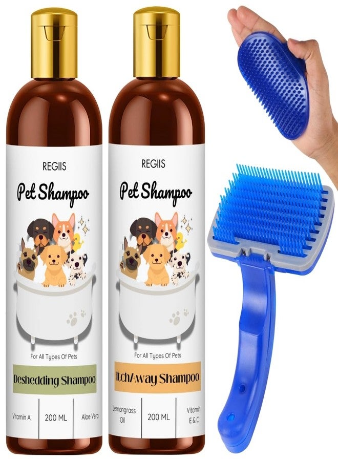 REGIIS Pet Grooming Kit, Deshedding and Itch Away Shampoo Set 200ml, with Slicker Brush - Image 1